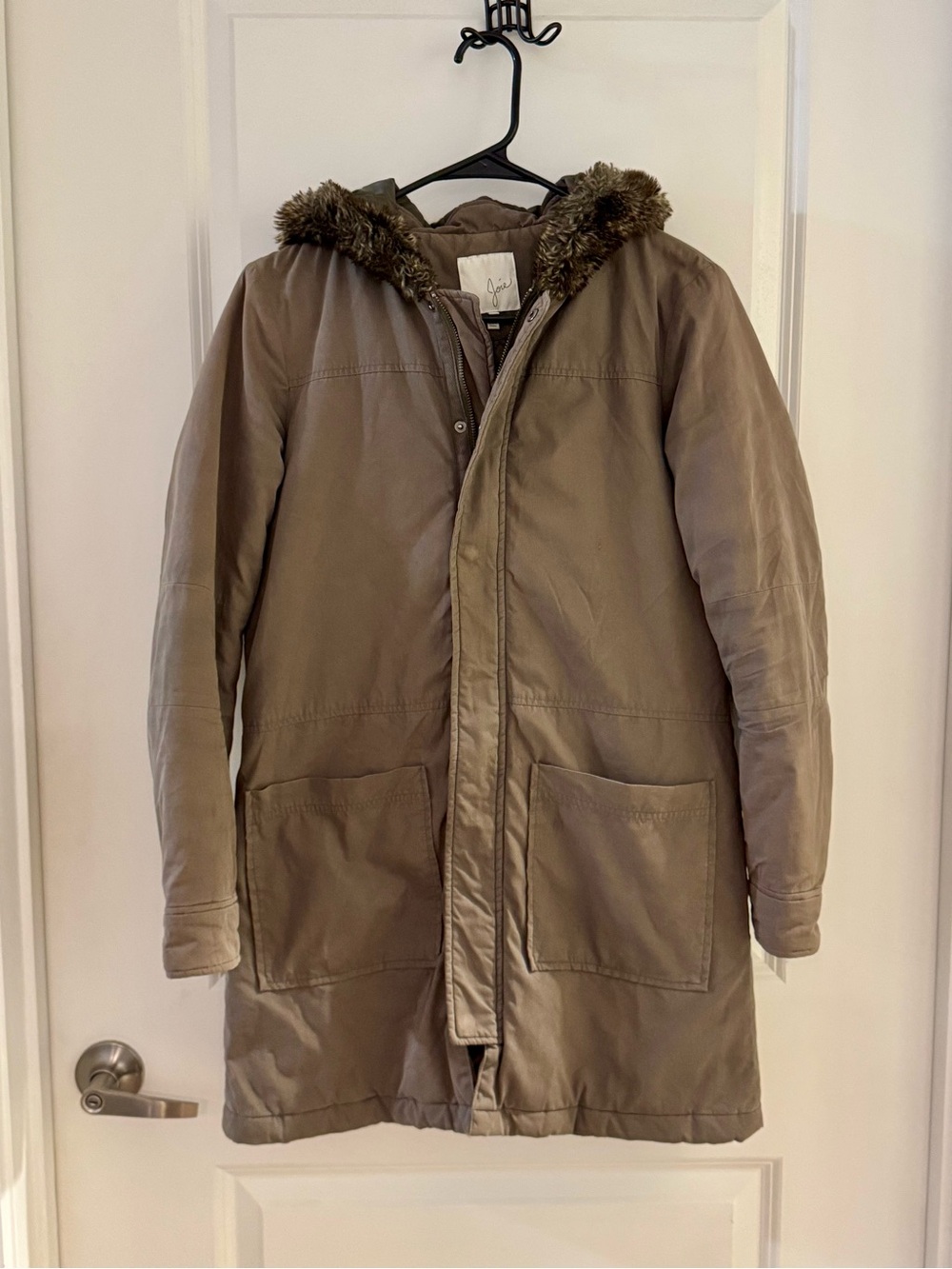 Joie Hooded Parka Jacket with Faux Fur Trim - Olive